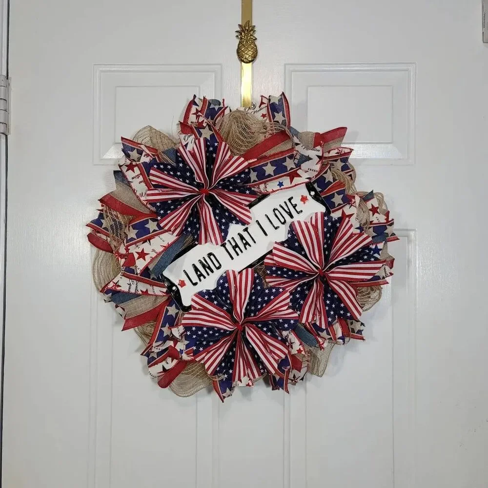 Patriotic Land That I Love Wreath, Pancake Wreath, 4th of July Front Door Wreath